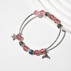 Vòng tay An gem đá dâu tây hồng mix xà cừ full charm