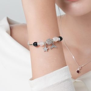 Vòng tay An gem đá obsidian mix mã não trắng kèm charm