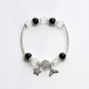 Vòng tay An gem đá obsidian mix mã não trắng kèm charm