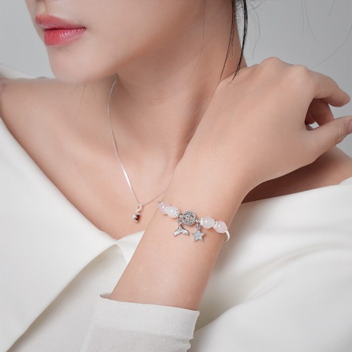 Vòng tay đá An Gem hồng mix trắng full charm - Ảnh 9