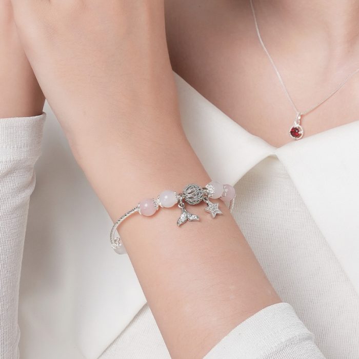 Vòng tay đá An Gem hồng mix trắng full charm - Ảnh 8
