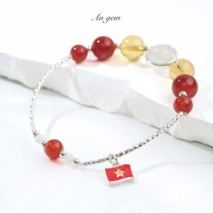 Vòng tay Lá cờ Việt Nam S925 An gem đá năng lượng TA Vàng mix mã não đỏ