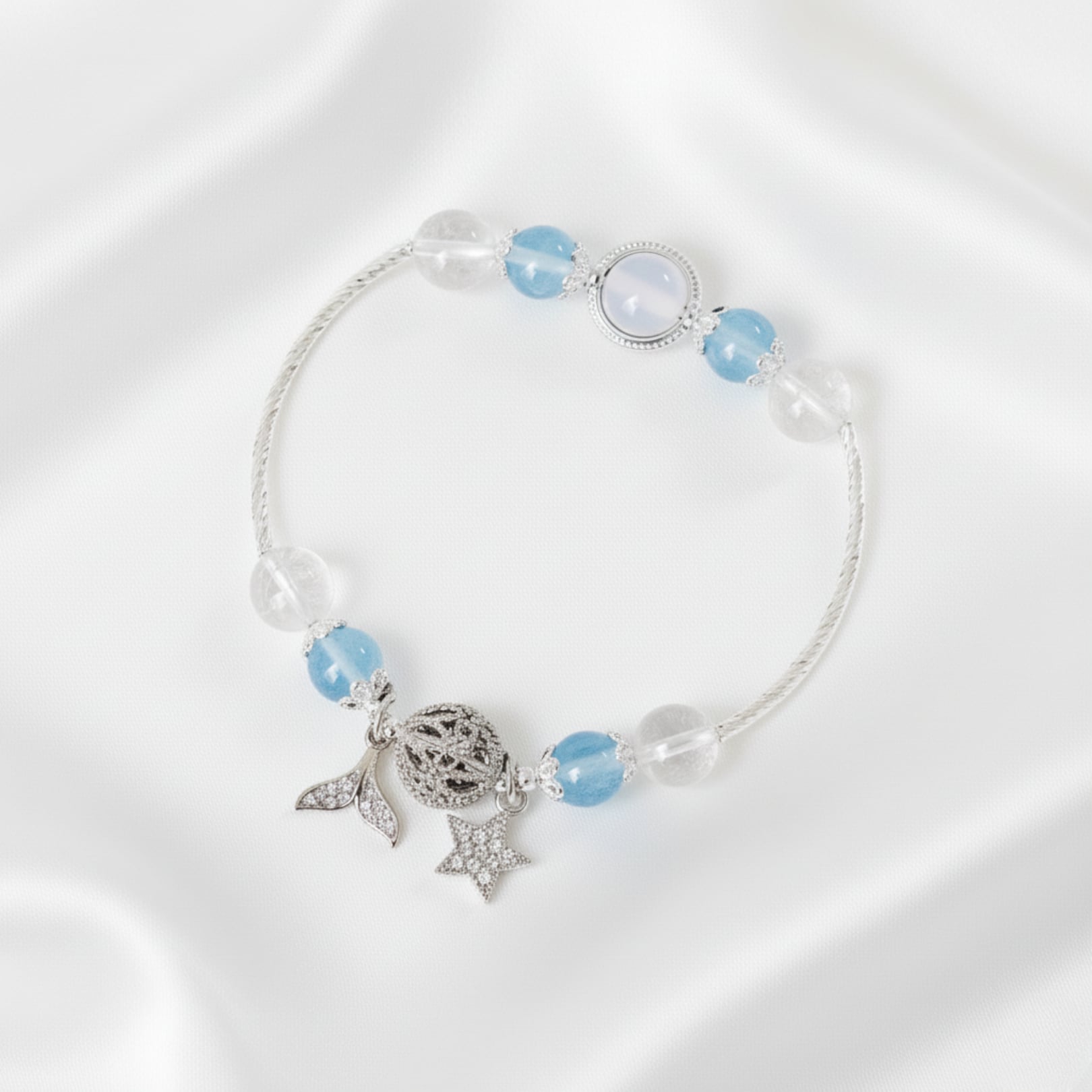 Vòng tay An gem đá tự nhiên Aquamarine Thạch anh trắng