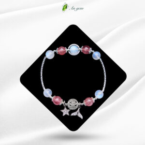 Đá Moonstone & thạch anh dâu hồng charm mạ bạc