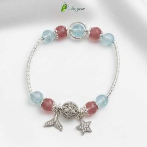 Vòng tay đá Aquamarine mix dâu tây hồng