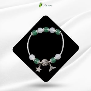 Đá thạch anh dâu xanh & Mã não trắng charm mạ bạc, đá 8mm