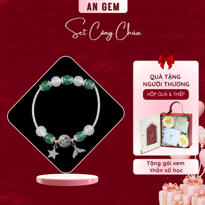 Set công chúa kèm vòng Đá thạch anh dâu xanh & Mã não trắng charm mạ bạc, đá 8mm