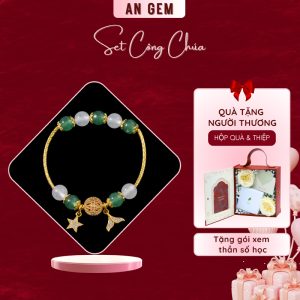 Set công chúa kèm vòng Đá thạch anh dâu xanh & Mã não trắng charm mạ vàng, đá 8mm
