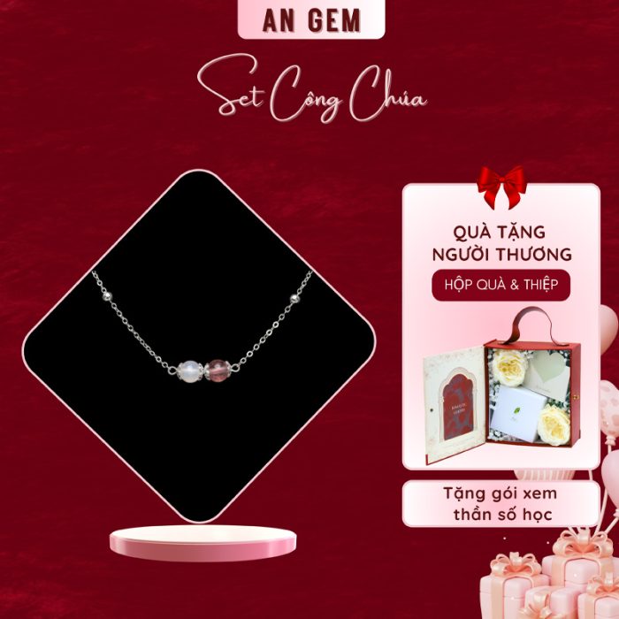 Set công chúa kèm Vòng tay Duolight Moonstone & Dâu hồng - Mạ bạc
