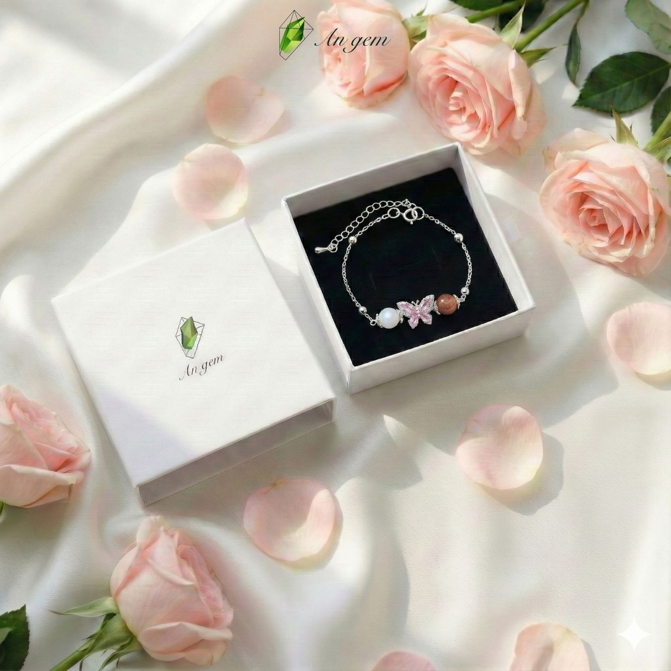 Vòng tay đá tự nhiên moonstone dâu hồng